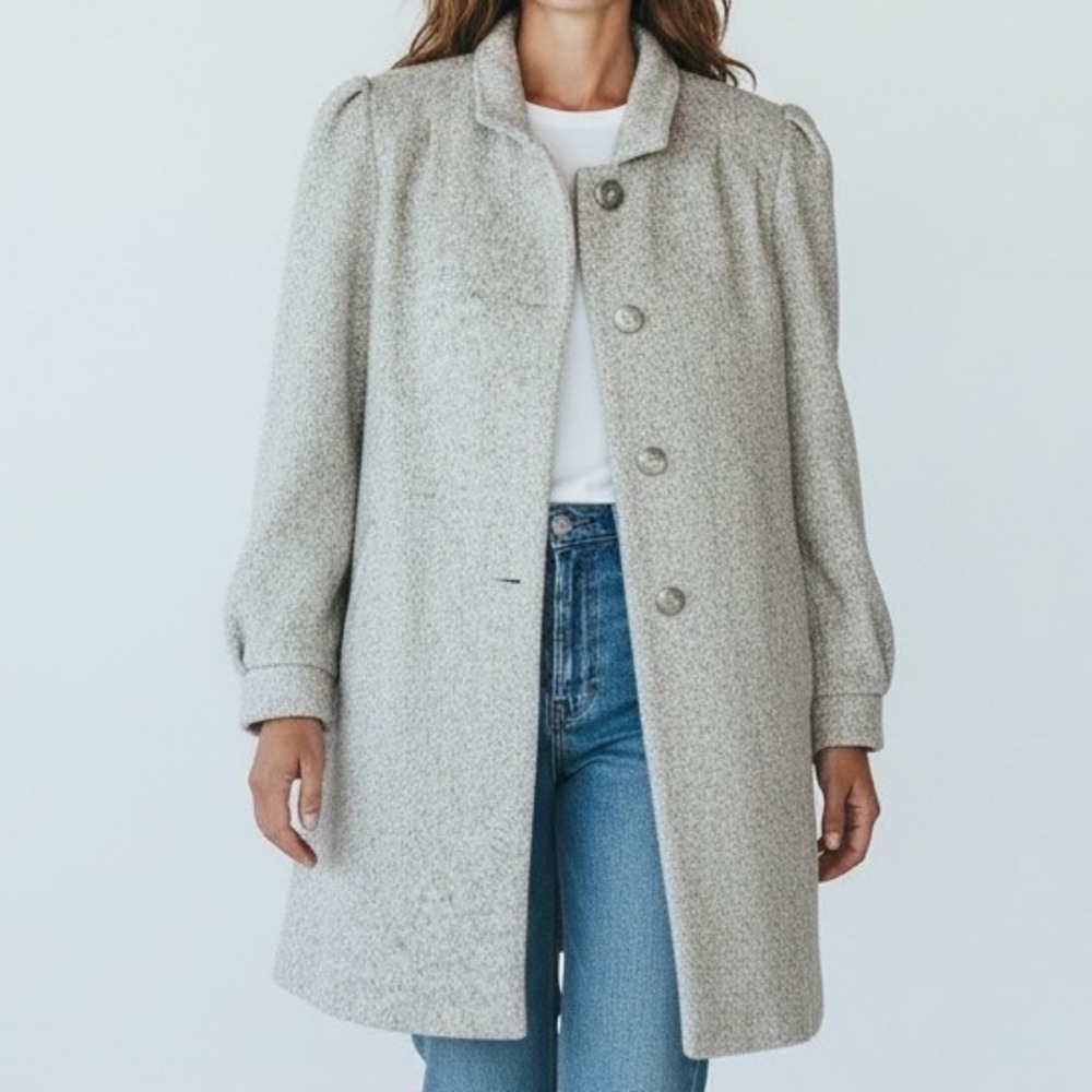 VTG NYG New York‎ Girl Tweed Wool Coat Cream Gray puff sleeve Medium union USA